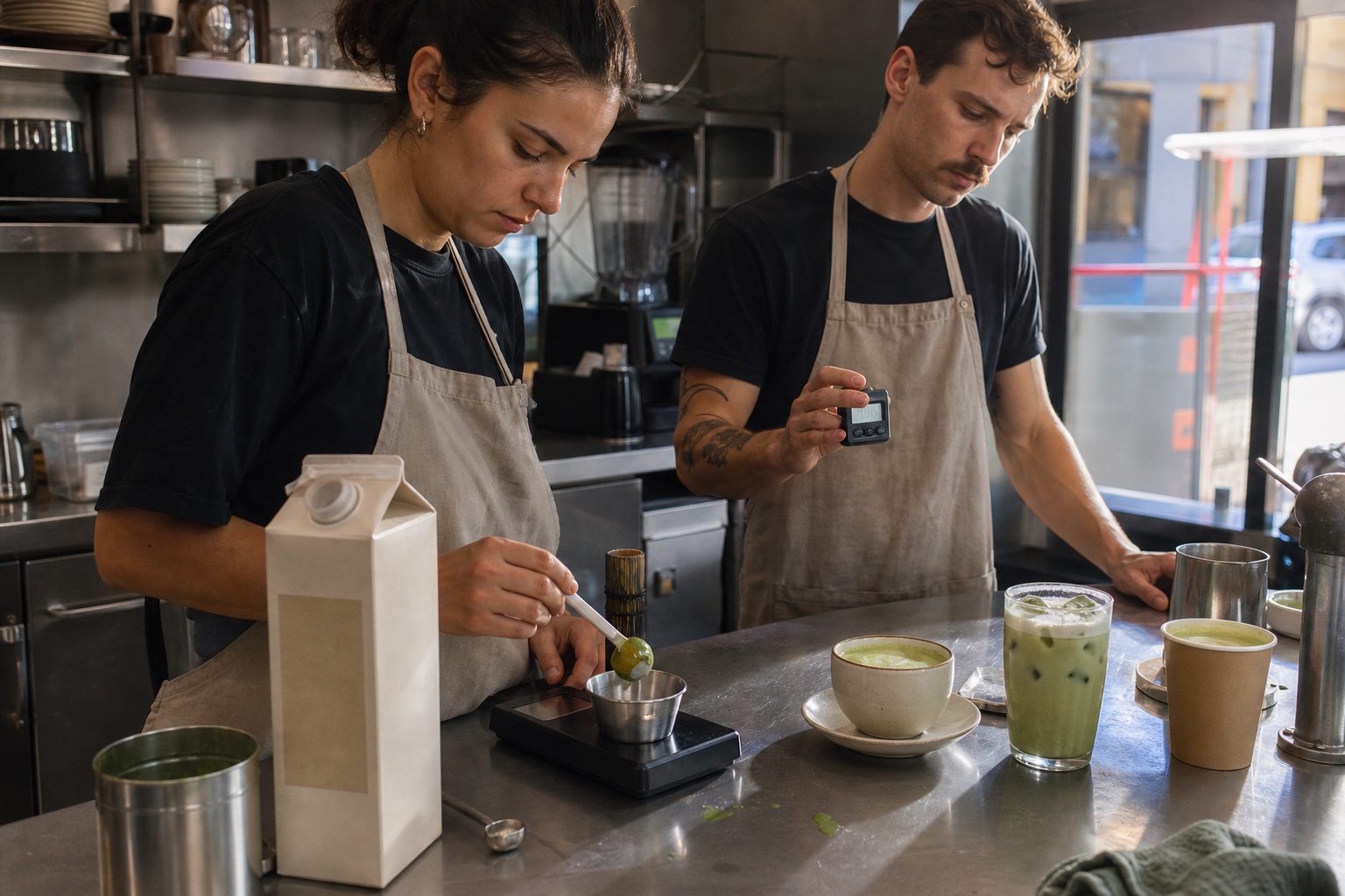 Cafe operations staff weighing matcha and timing hot, iced and takeaway oat-milk drinks