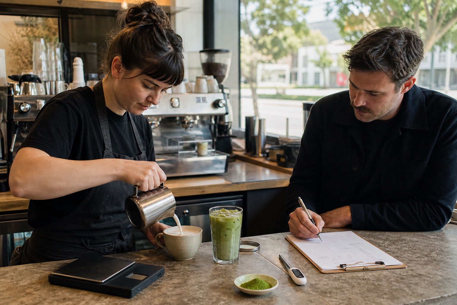 Australian cafe team comparing hot and iced oat-milk matcha during a documented development session