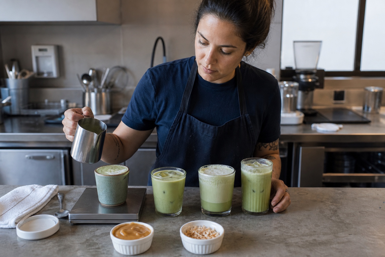 Brazilian beverage developer comparing hot and iced doce-de-leite-style toasted-coconut matcha latte samples in a practical test kitchen