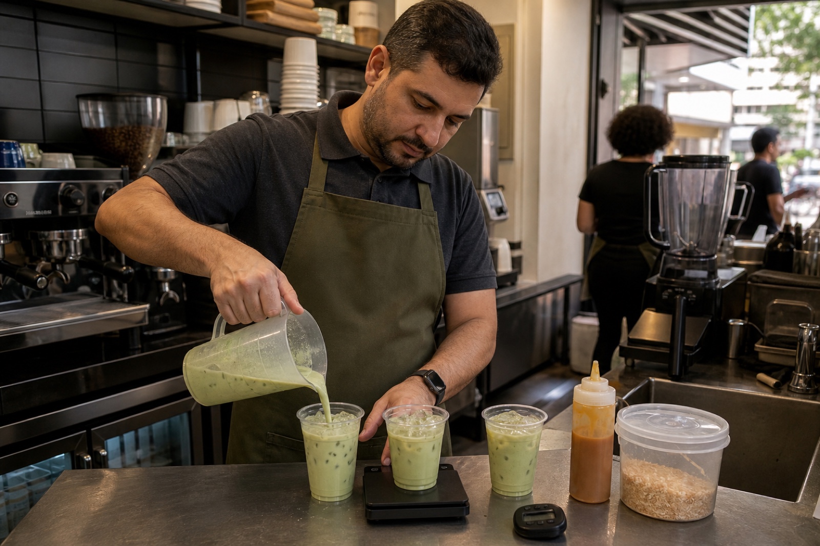 Brazilian cafe operator repeating iced toasted-coconut caramelized-dairy matcha latte builds with normal service tools