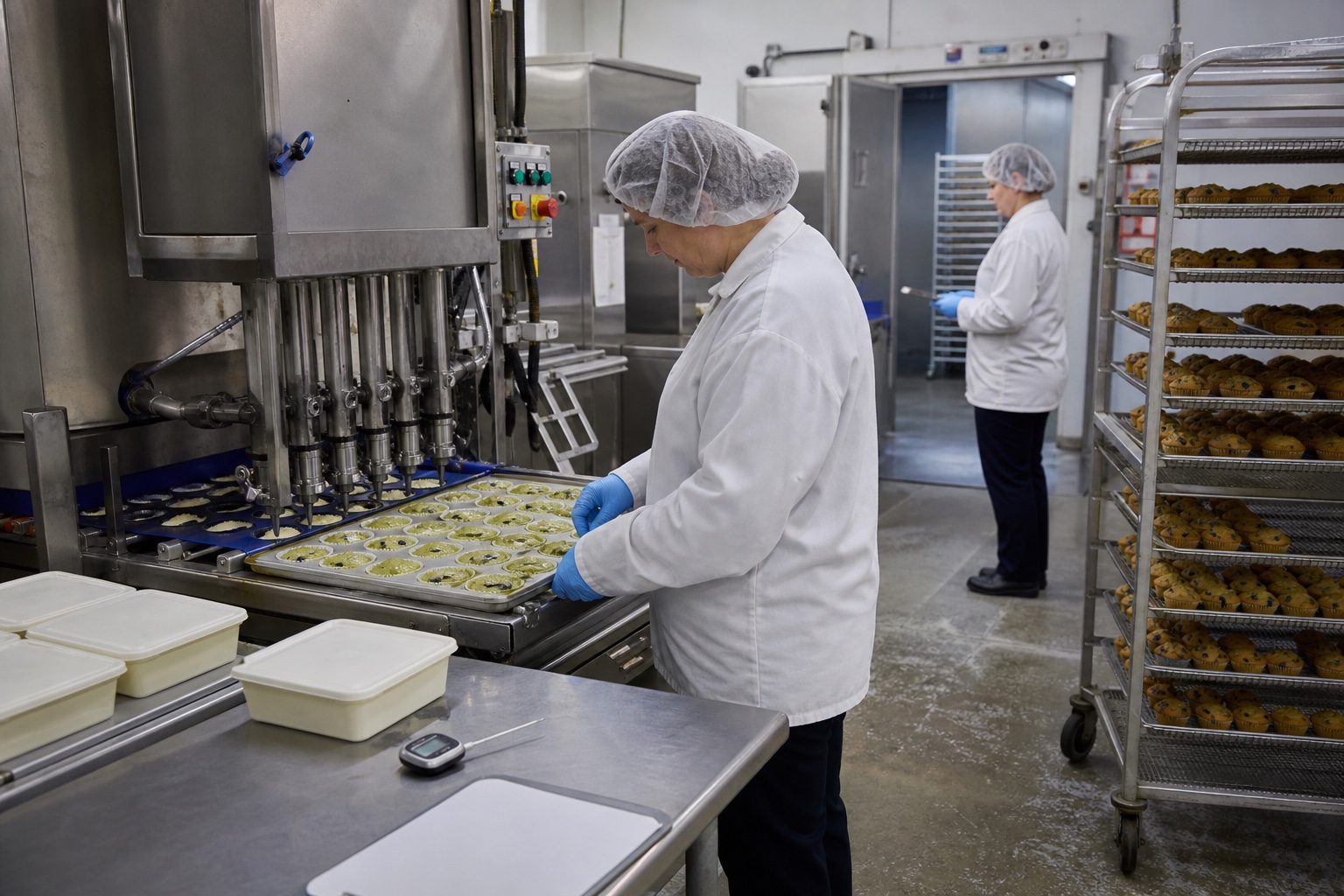 Commercial bakery operator checking blueberry matcha muffin deposits beside cooling racks during a line trial