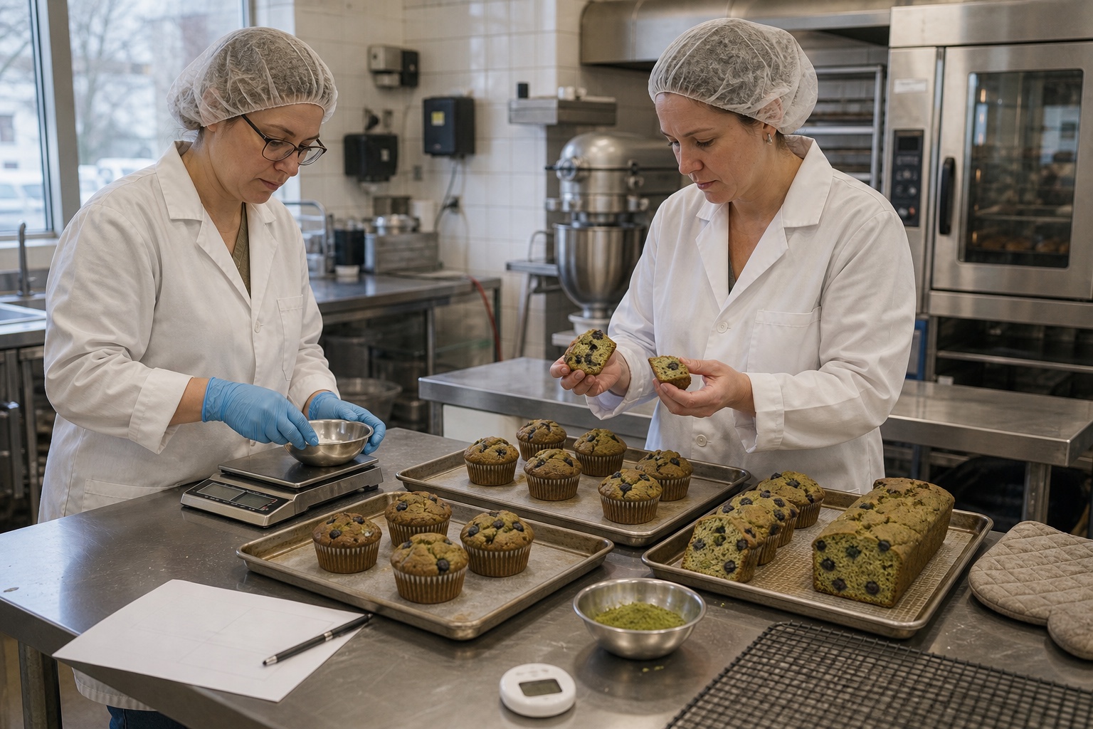 Bakery technologists comparing blueberry matcha muffins and loaf cakes during a controlled application test
