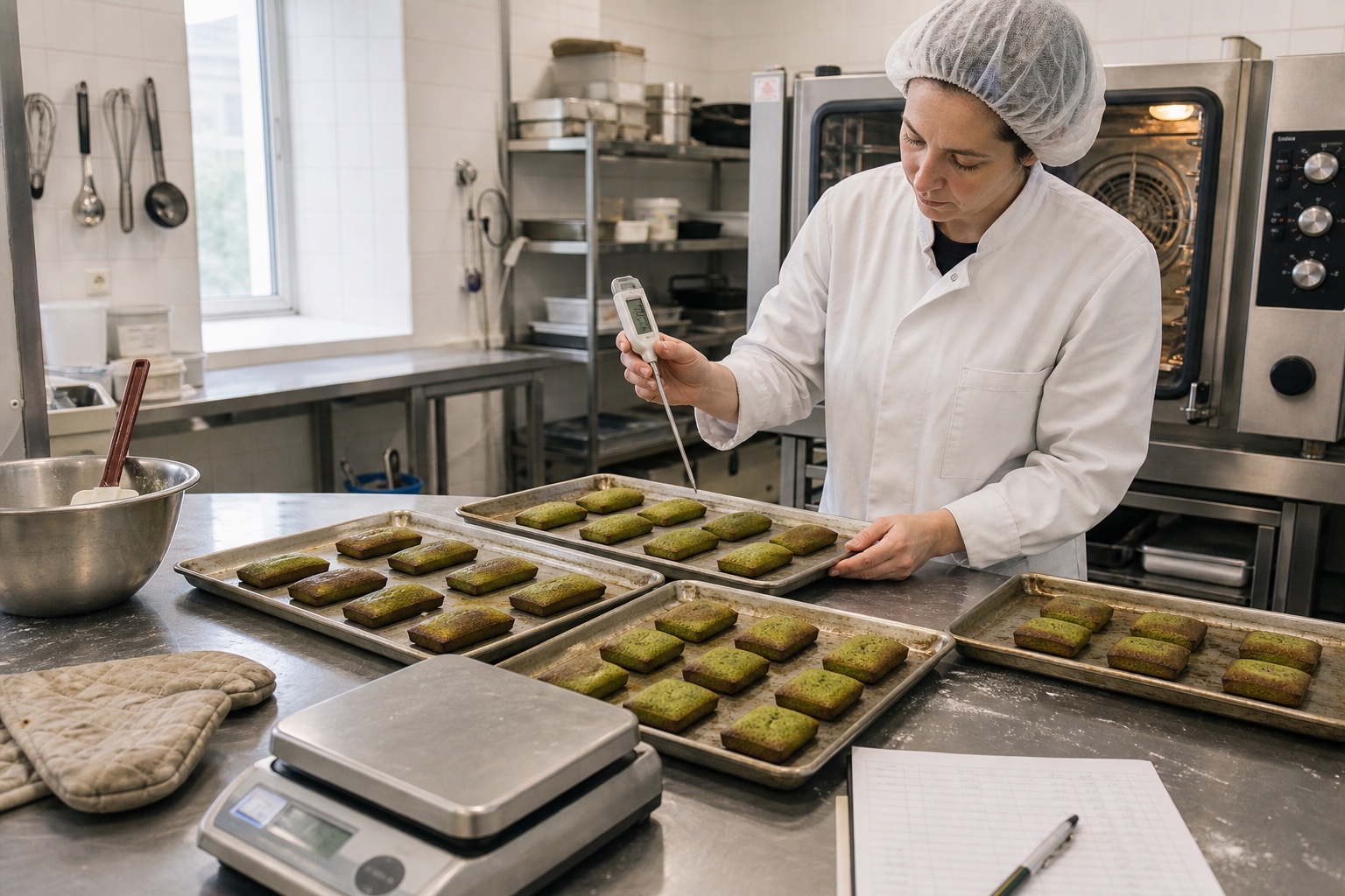 Bakery product developer comparing coded matcha financier batches from a controlled time-temperature test