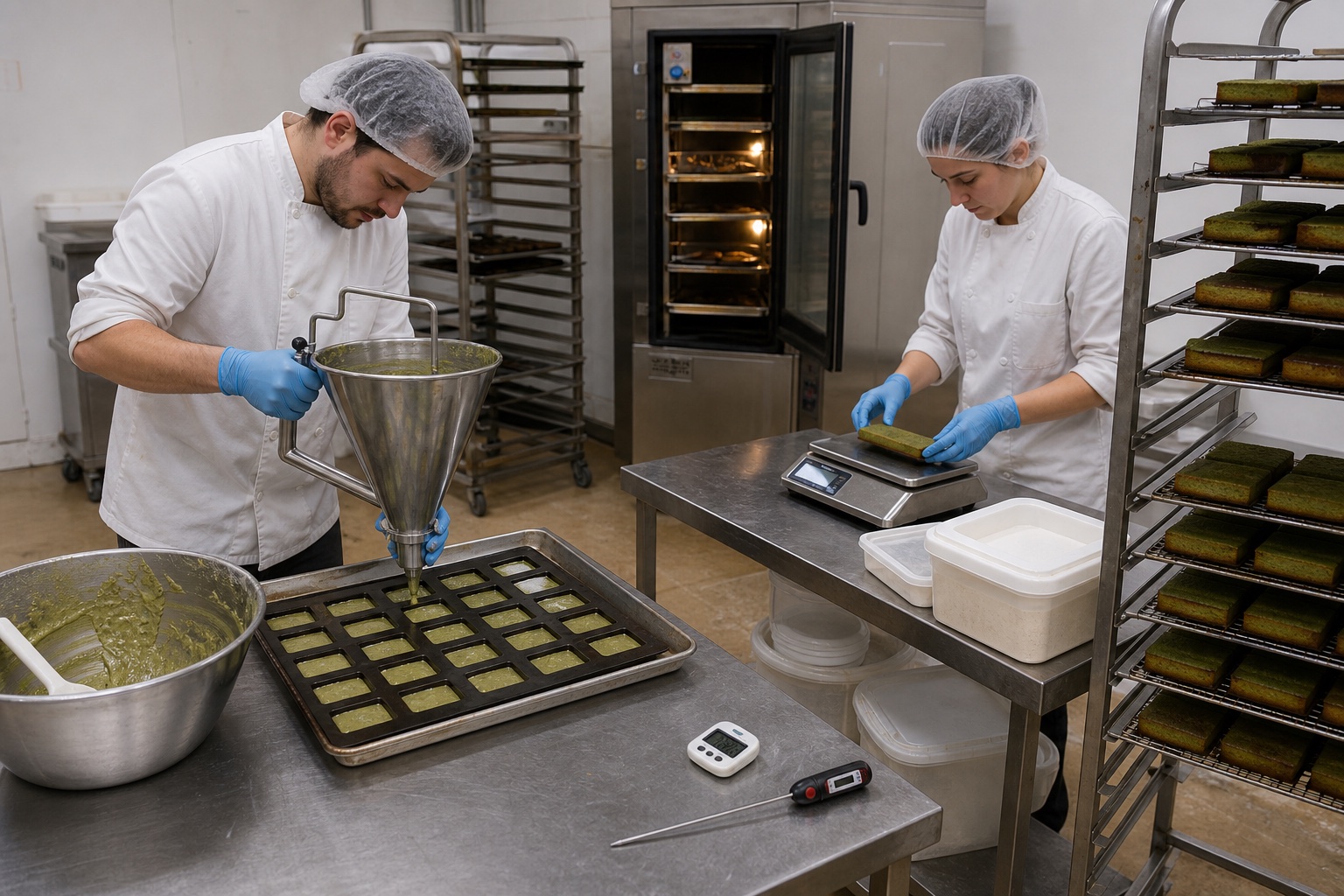Pilot bakery team portioning matcha financier batter and checking baked piece weight during process transfer