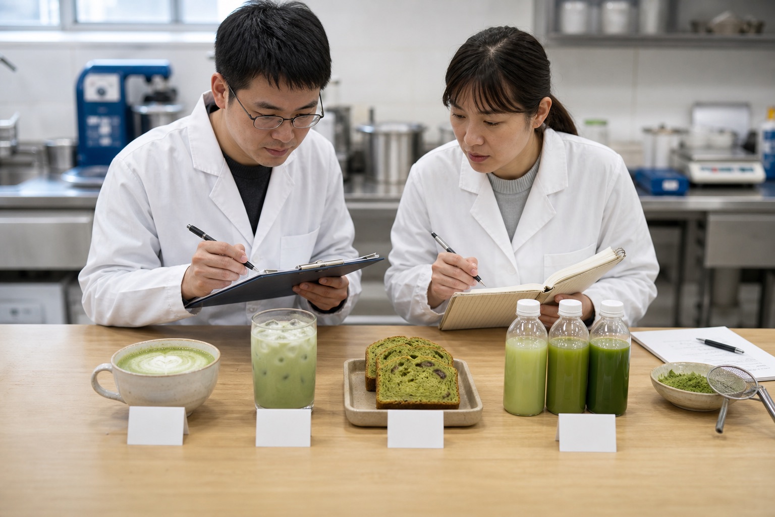 Product developers testing matcha in hot latte, iced beverage, bakery and ready-to-drink applications