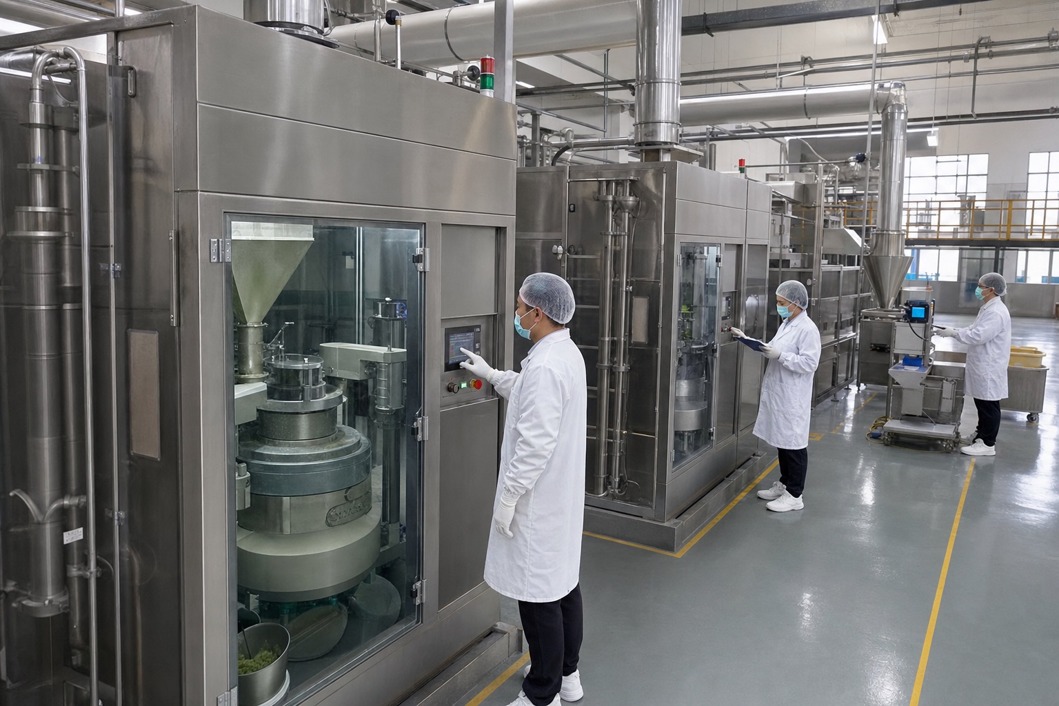 Large enclosed industrial matcha grinding workshop with food production technicians checking milling equipment and batch controls