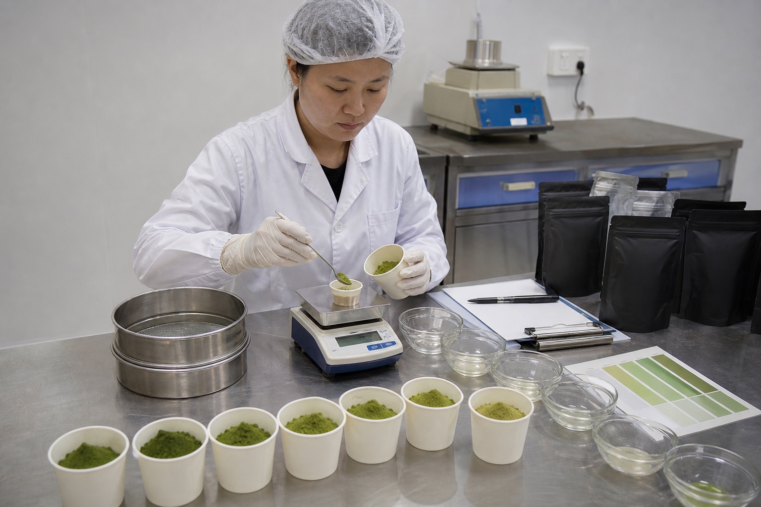 Quality technician comparing coded Guizhou matcha powder samples with a scale, sieve and color reference