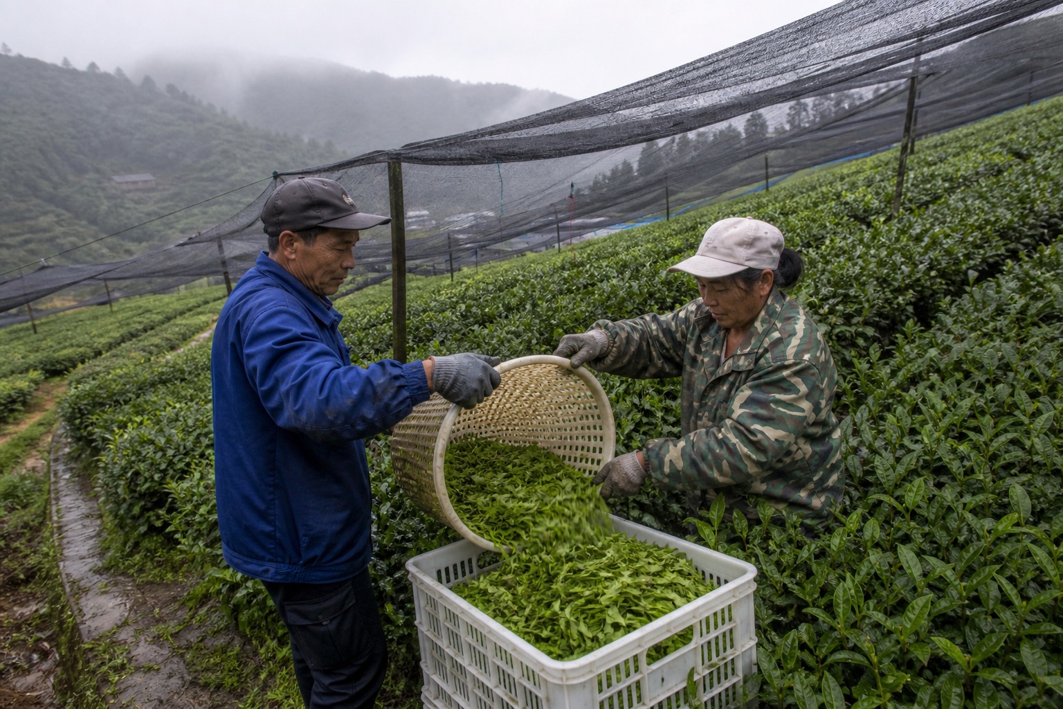 Tea workers checking shaded leaf production in a Guizhou matcha garden before harvest