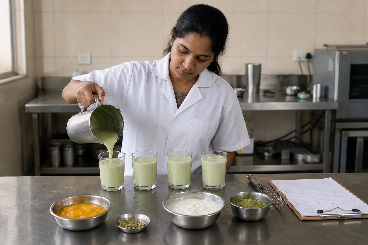 Indian beverage technologist comparing mango-cardamom flavored matcha in a lassi-style fermented dairy application