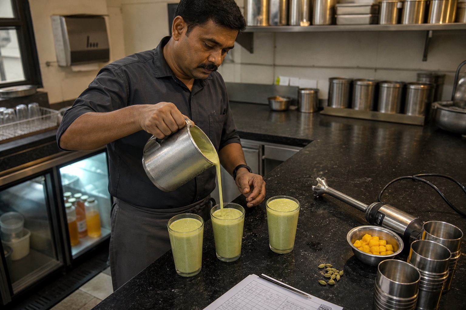 Indian foodservice beverage supervisor checking repeated pours of mango-cardamom matcha lassi in a central-kitchen prep room