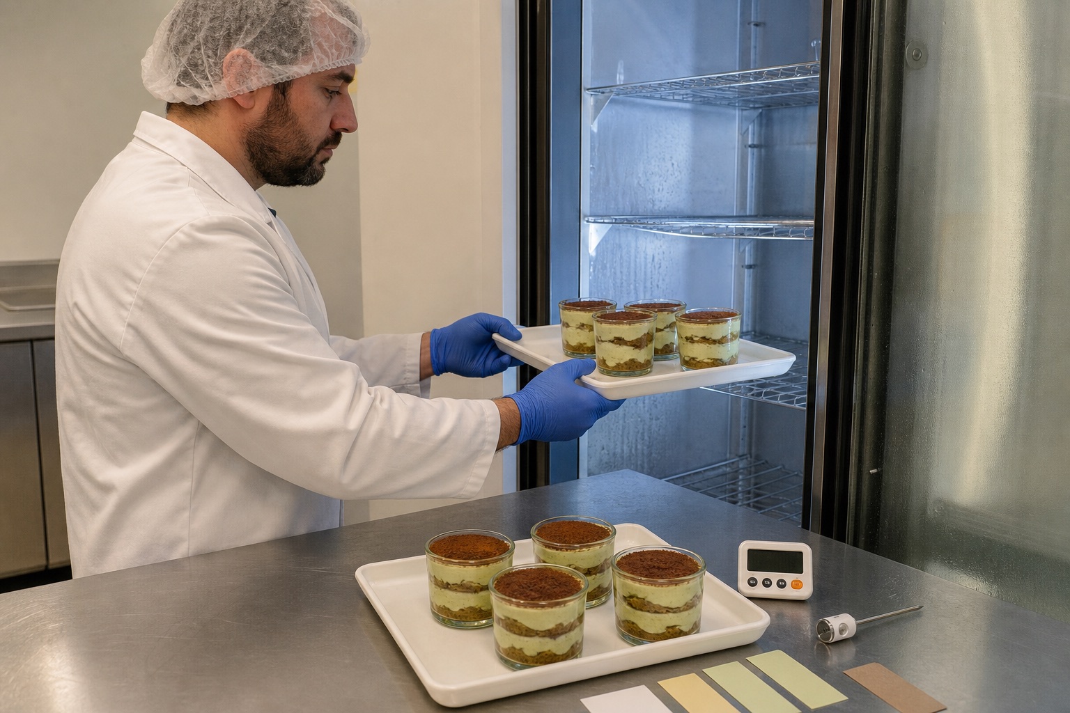 Italian food-development technician comparing refrigerated hazelnut-vanilla matcha tiramisu cups at a chilled-hold checkpoint