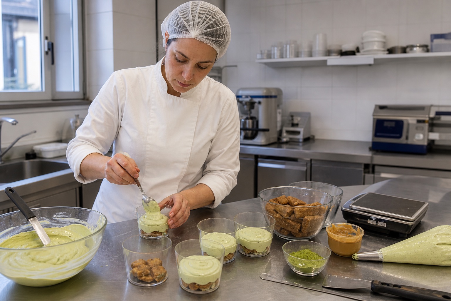 Italian pastry technologist assembling hazelnut-vanilla matcha tiramisu cups on a practical chilled-dessert development bench