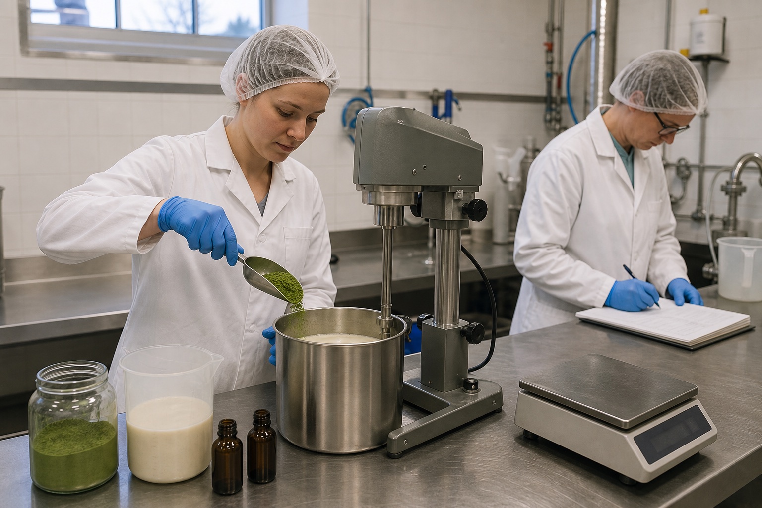 Beverage technologists adding matcha to a controlled oat base and recording a vanilla oat-matcha RTD pilot batch in a Netherlands-style food development workspace