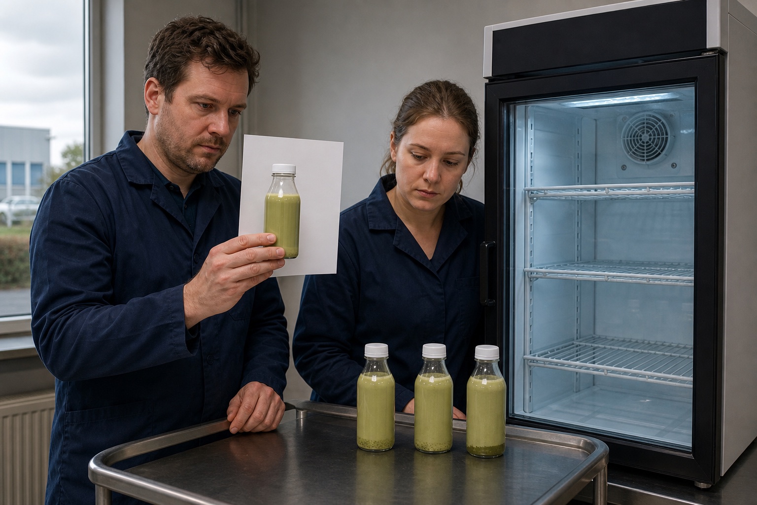 Beverage development staff comparing sealed vanilla oat-matcha RTD retained samples for visible settling and chilled-storage review