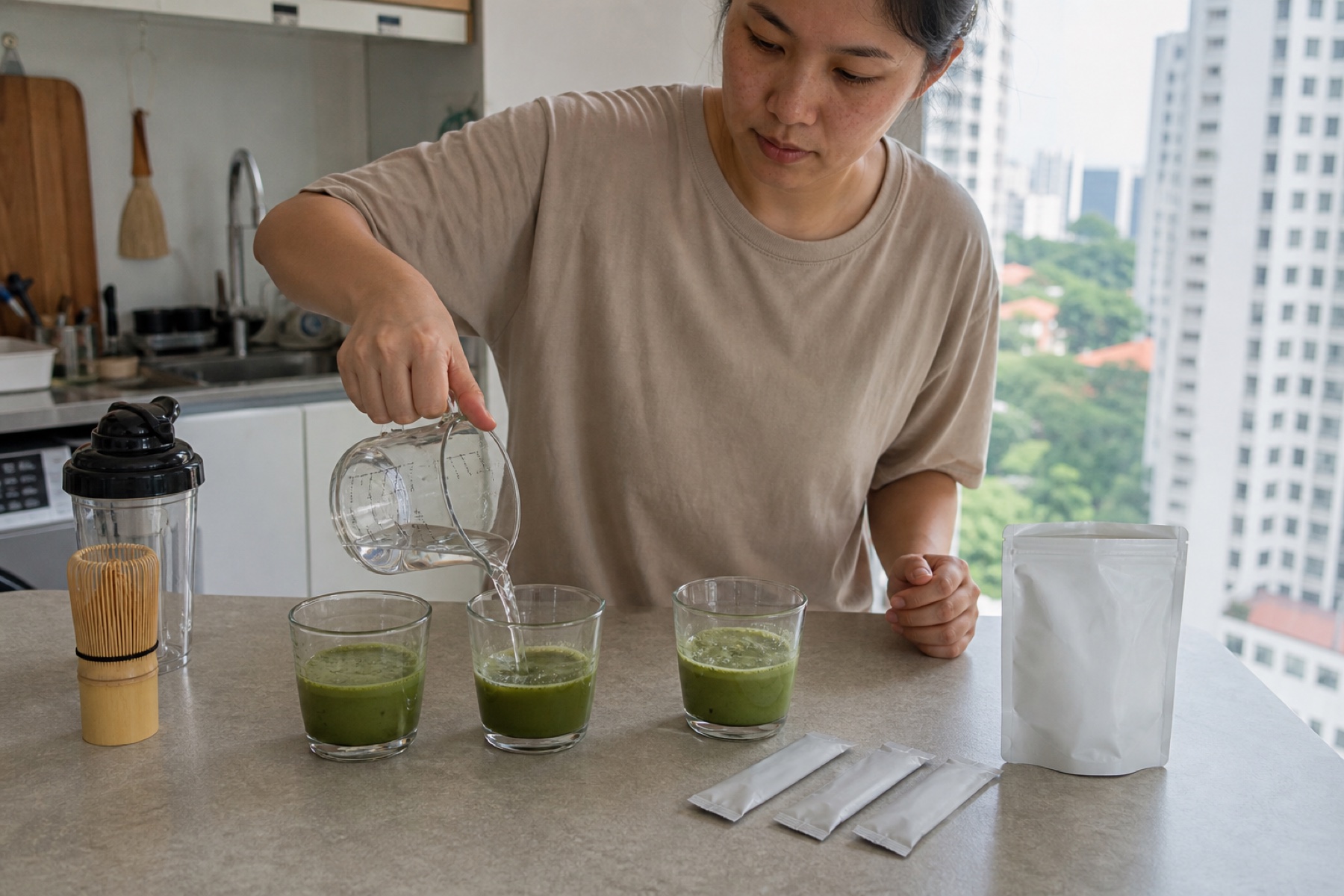 A Singapore retail-product test comparing repeated home preparations of pandan-vanilla flavored matcha from identical sachets