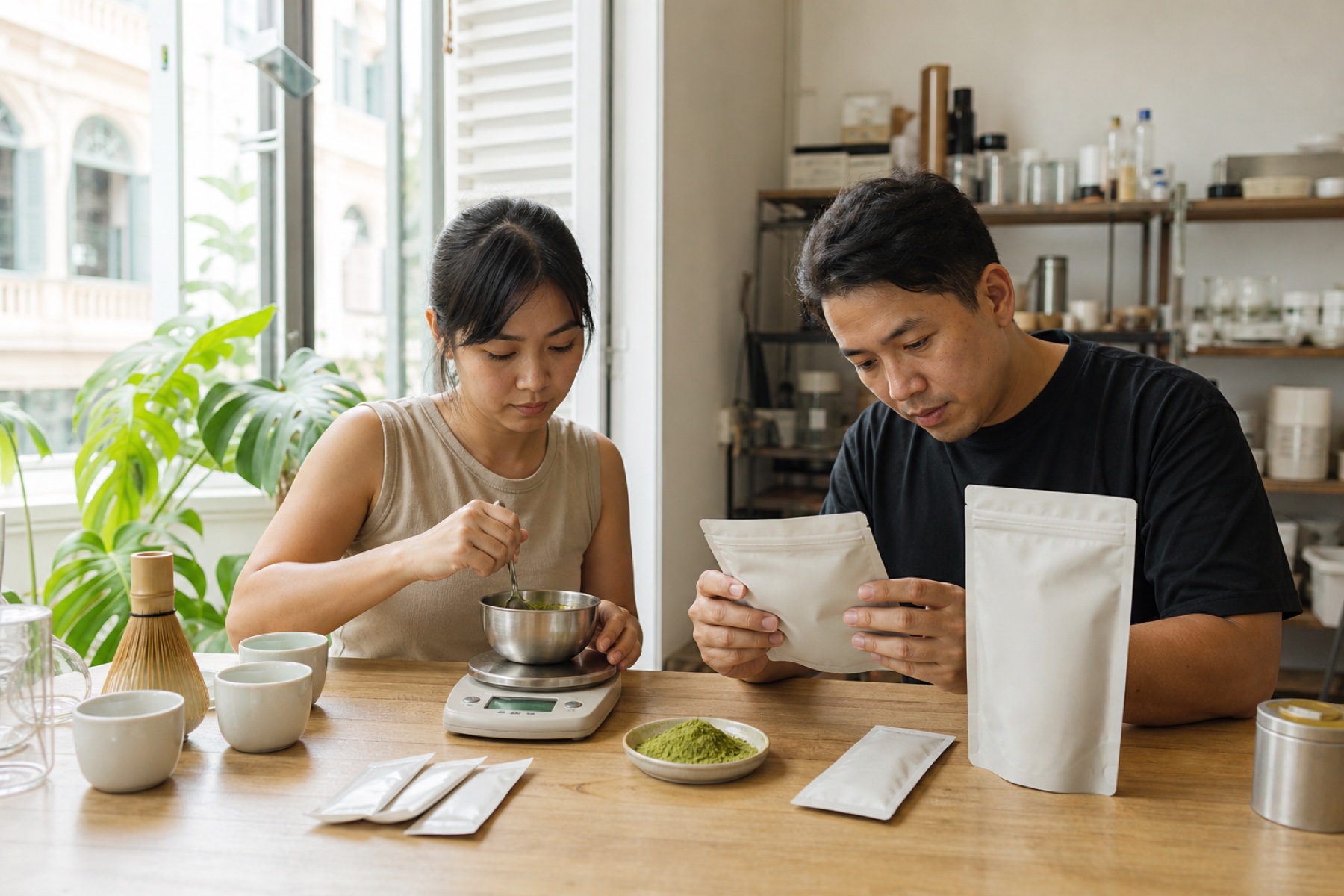 Singapore tea-brand product developers comparing a refill pouch and single-serve sachet format for pandan-vanilla matcha