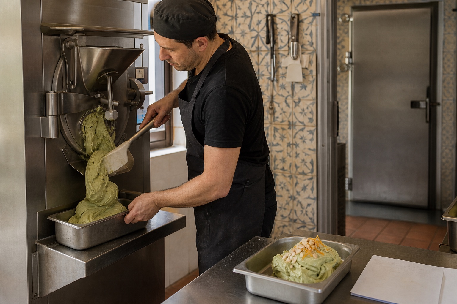 Gelato maker extracting matcha gelato from a batch freezer into a stainless pan for process and serving evaluation