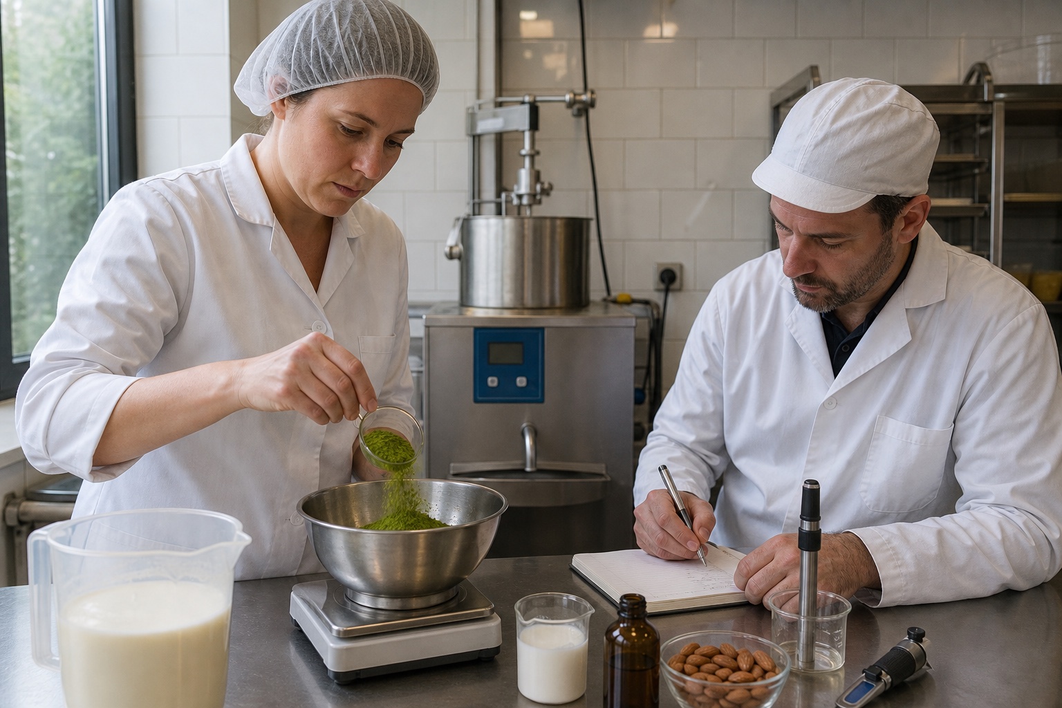 Gelato technologists weighing matcha, recording measurements and preparing an orange-blossom almond gelato development mix in a Spanish pilot workspace