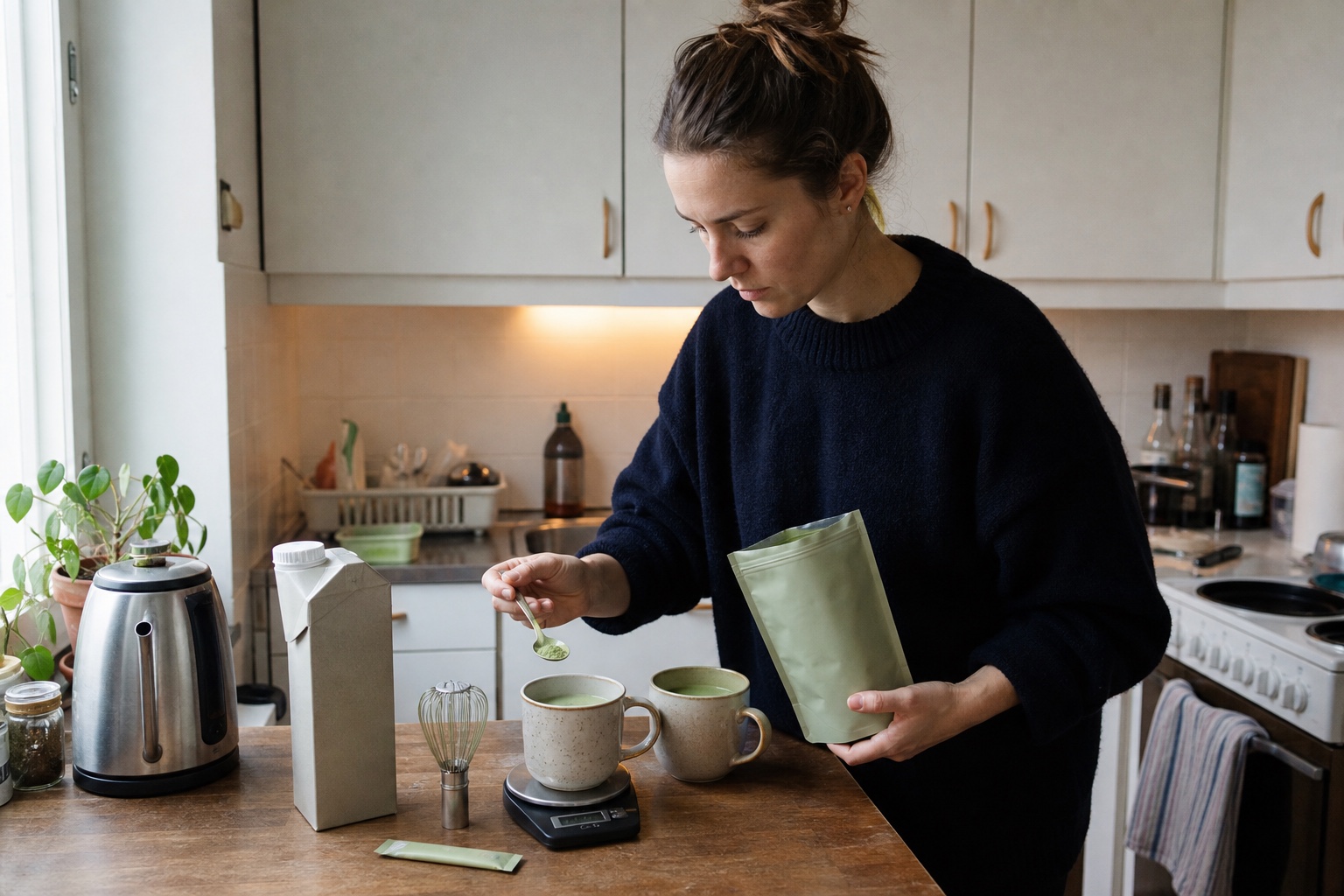 Swedish home-preparation check comparing measured matcha latte servings from a stick pack and refill pouch