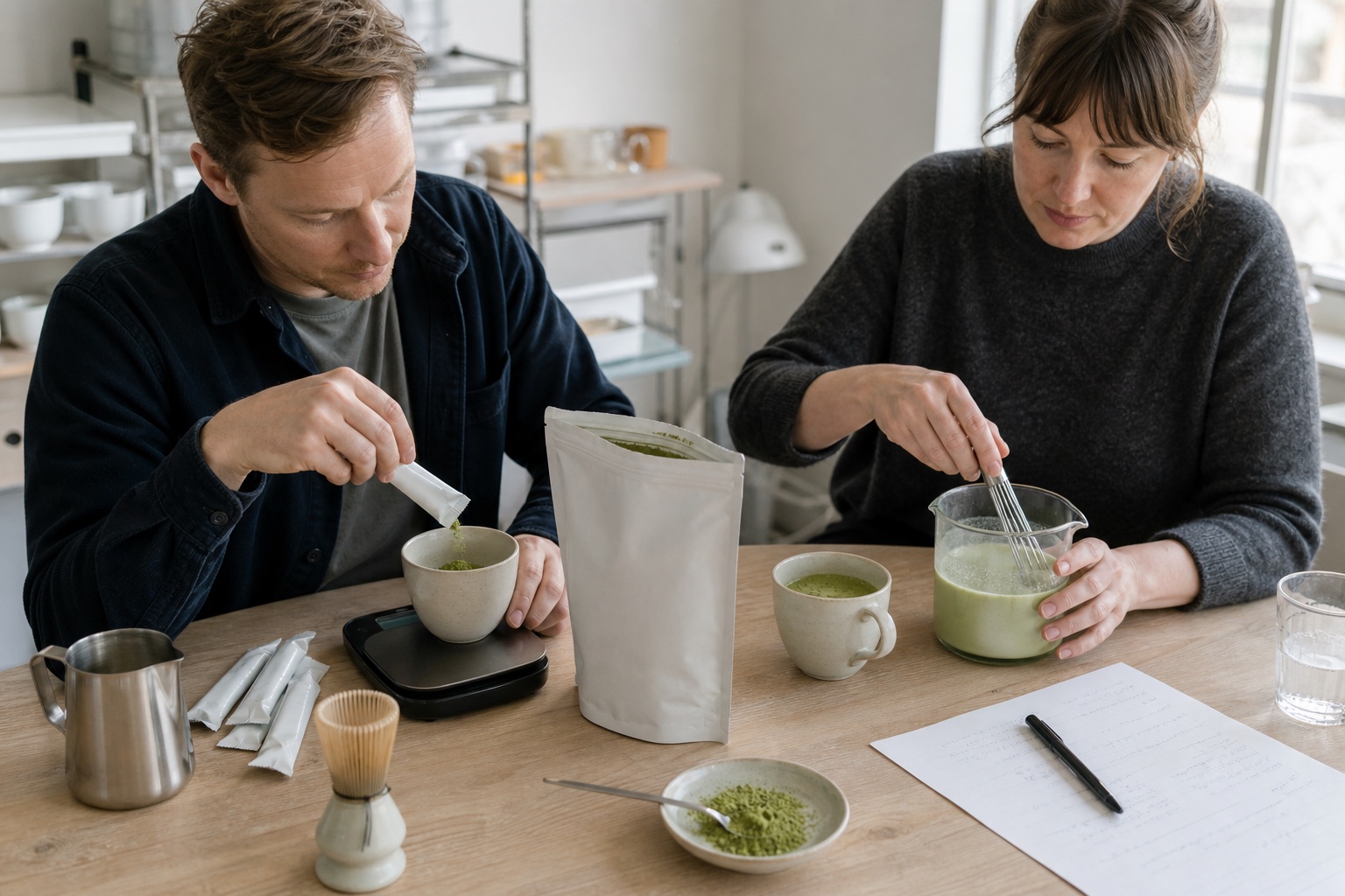 Swedish tea-brand product developers comparing stick packs and a refill pouch for cardamom-vanilla matcha latte